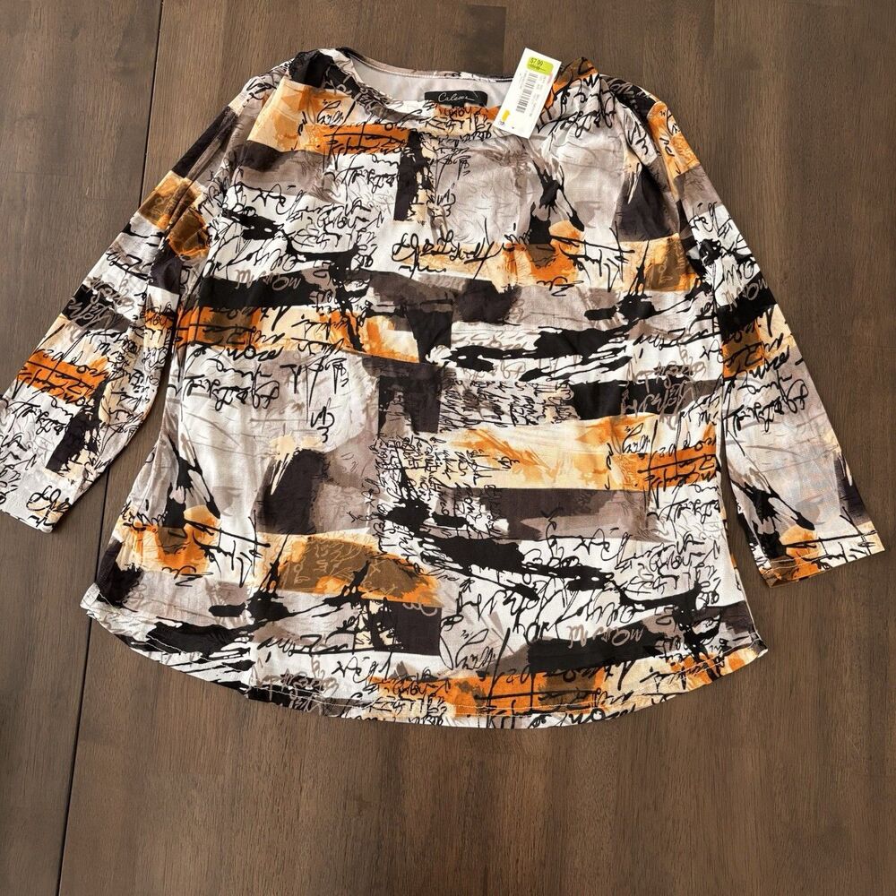 NWT Calessa Abstract Graphic 3/4 Sleeve Cowl Neck Top - Size Petite Large